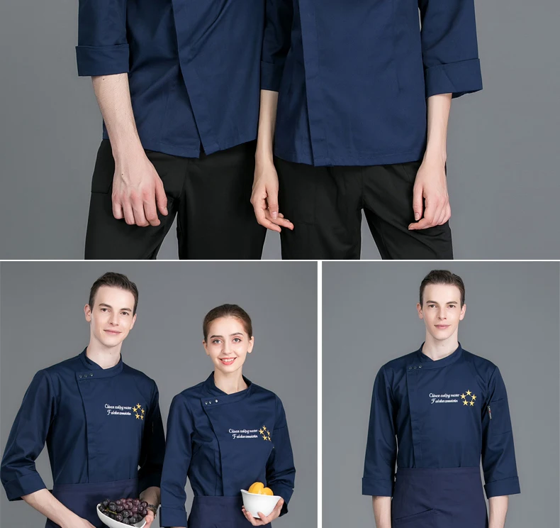 Для мужчин Вышивка косой разрез с длинным рукавом шеф-повара, работающие Костюмы Топ Ресторан Кухня поварские куртки обращенной униформа