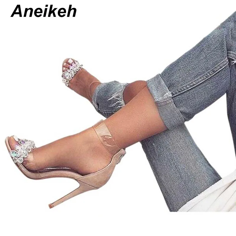 

Aneikeh Women Shoes European Fashion Transparent String Of Diamonds Sandals Sexy PVC Ankle Strap High Heels Party Crystal Sandal