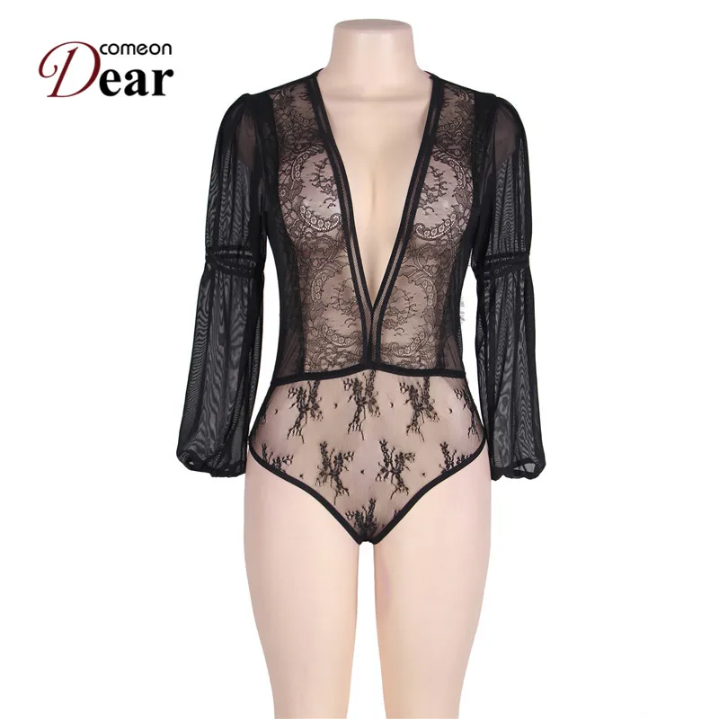 Comeondear RA80542 Кружевное боди женское длинное с глубоким V образным вырезом нижнее