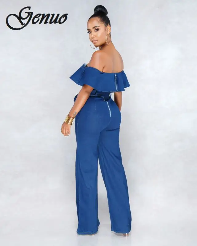 New Denim Rompers Womens Jumpsuit 2019 Summer Sexy Slash Neck Off Shoulder Ruffles Playsuit Plus Size Wide Leg Pants Overalls New Denim Rompers Womens Jumpsuit 2019 Summer Sexy Slash Neck Off Shoulder Ruffles Playsuit Plus Size Wide Leg Pants Overalls
