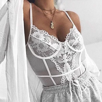 

Yimunancy 4 Colors Floral Embroidery Lace Bodysuit Women Sexy Bodysuit Fashion Ladies White/Black Bodysuit Summer Overalls