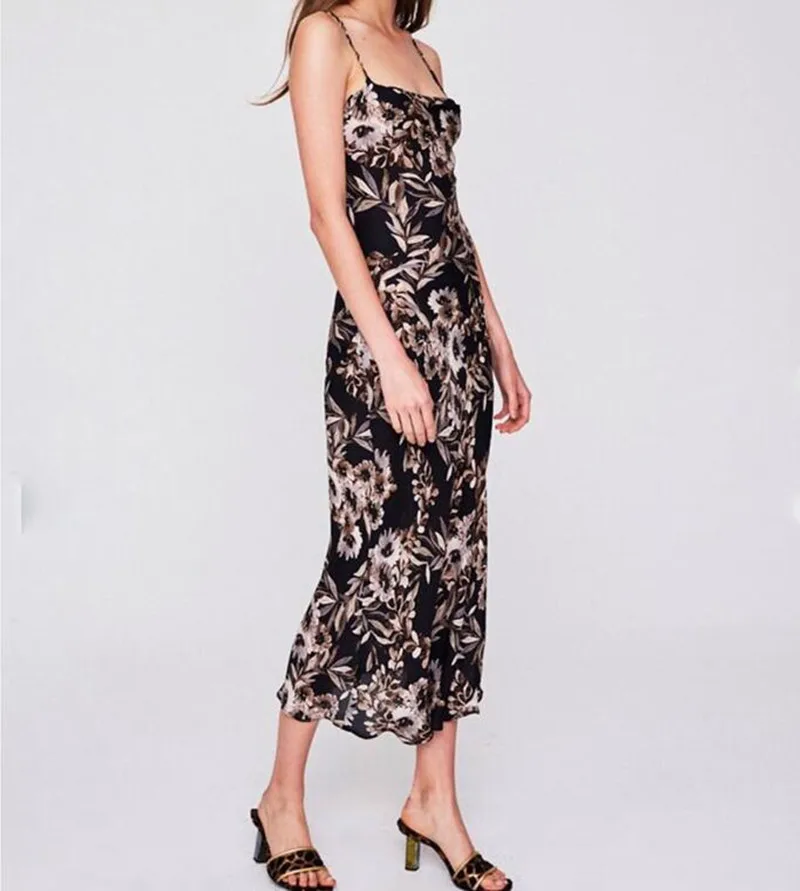 

100% Silk Summer Women's Printing Sexy Open Back Slim Fit Spaghetti Strap Mid-Length Dress
