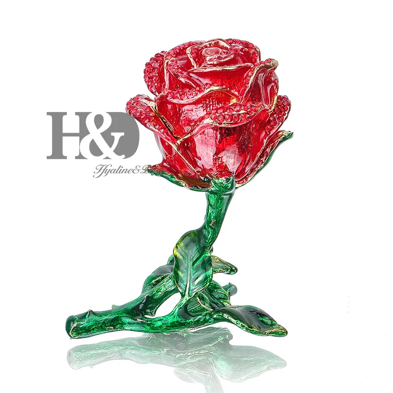 

H&D Flower Trinket Box Hand-Painted Hinged Ring Holder Patterns Trinket Bejeweled Box Decor with Crystal Gift Collectible (red)