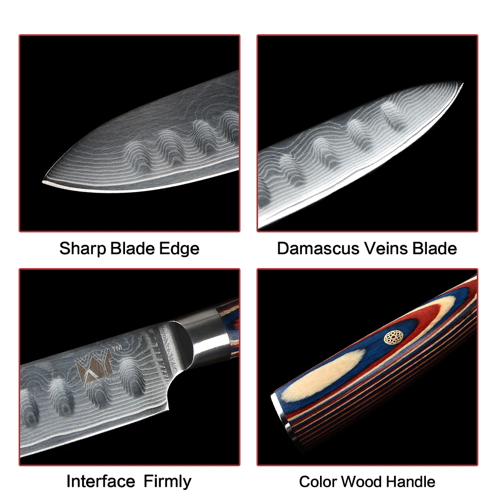 XYj набор ножей из дамасской стали 6 ''шеф-повара 5'' для нарезки 4 ''Универсальный 3,5'' нож для очистки овощей с цветной деревянной ручкой японский стиль Инструменты для приготовления пищи