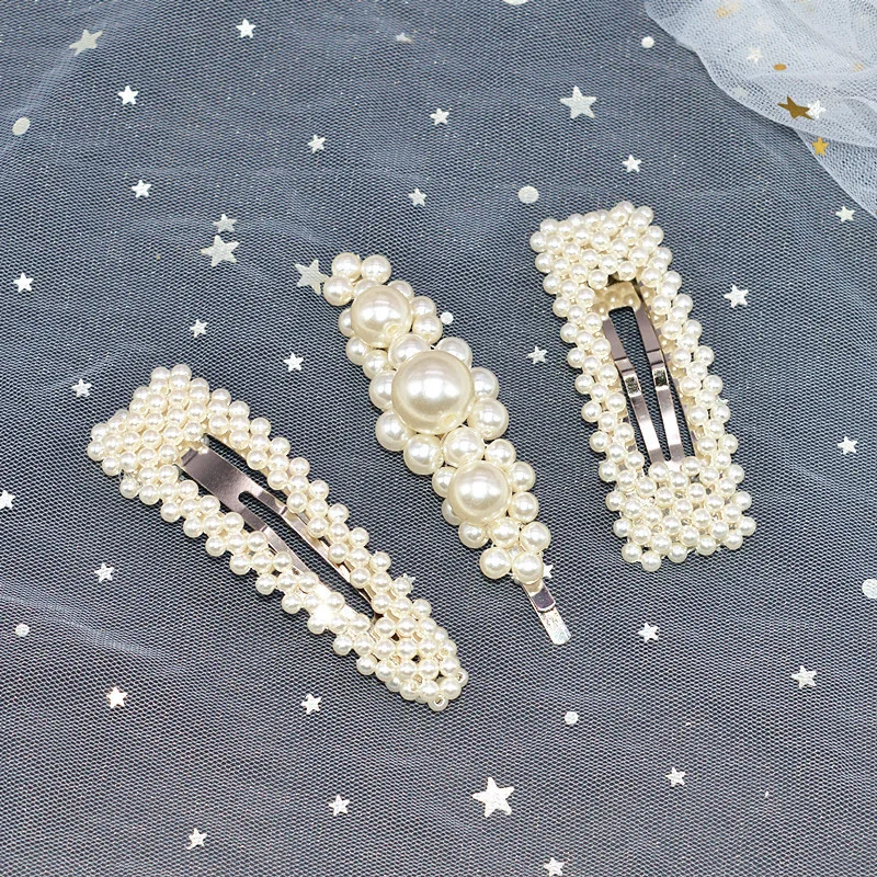 Free shippin 1Set Fashion Solid Pearl Hair Clip for Women Charm Hairpins Snap Barrettes Trendy Handmade Hair Styling Accessories