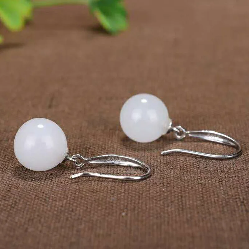 Drop Shipping Real 925 Sterling Silver Drop Earrings Ear Pin Natural Round Jade Handmade Fine Jewelry For Women Wedding Earrings