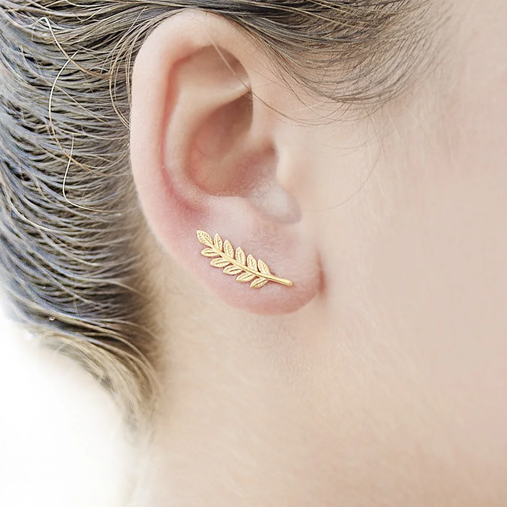 

Leaf Ear Climbers Simple Branch of Tree Ear Crawlers Gold or Silver Feather Stud Earrings for Women Girls Gifts