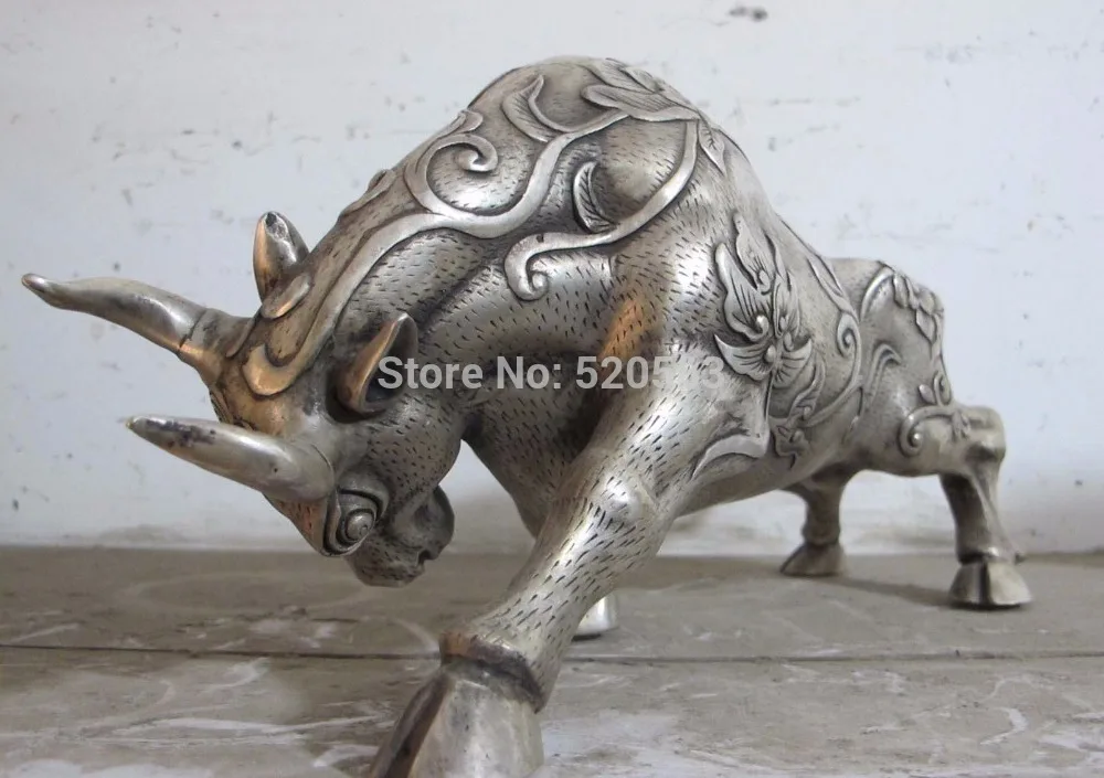 

15"China Silver bronze have one's body covered with peony OX Bull bovine