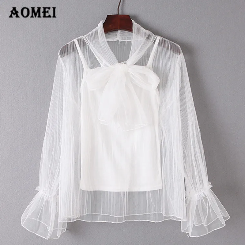 

Women Blouse Solid Shirts Transparent Mesh with Spaghitte Strap Tulle Tops Fashion Chic Spring Blouses Blusas New 2019 Girls
