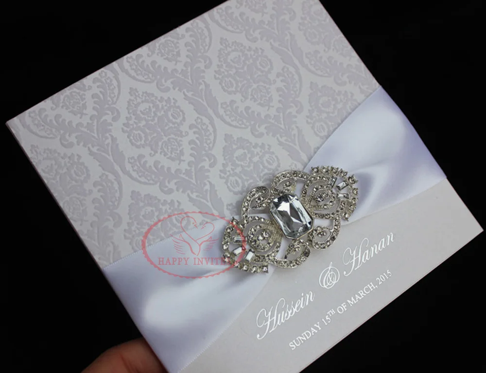 HI6023-02  Elegant White Flocking Invites with Ribbon and Brooch