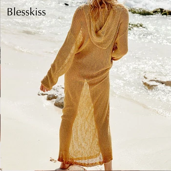 

BLESSKISS Long Beach Cover Up Dress For Women Summer Hooded Long Sleeve Mesh Crochet Coverups pareo Beach Dress Tunic Beachwear