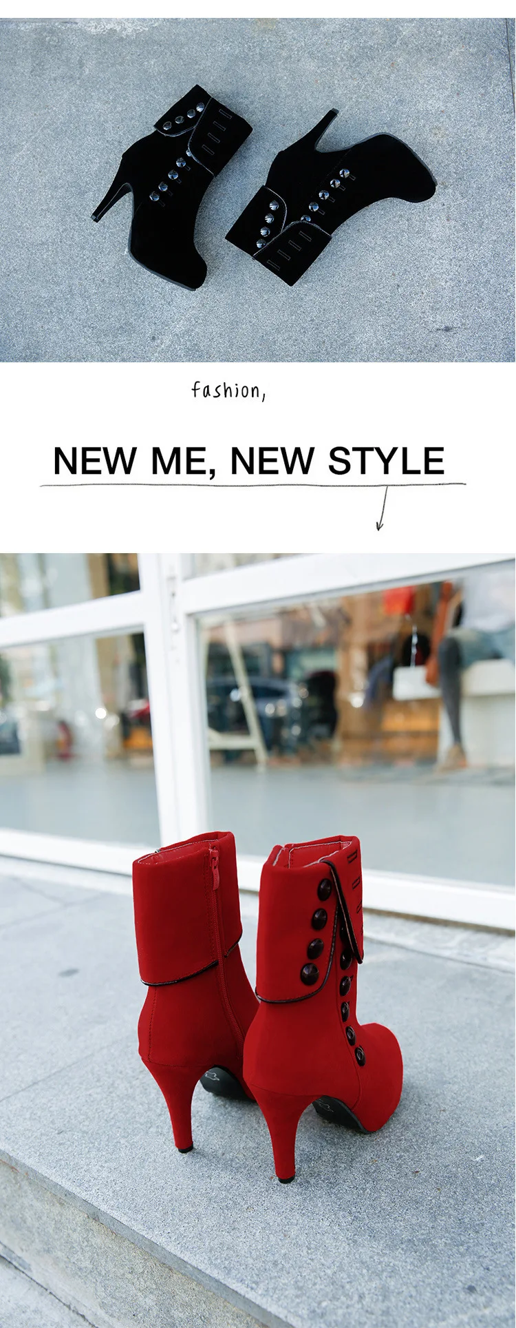 Fashion Women Ankle Boots High Heels Fashion Red Shoes Woman Platform Flock Buckle Boots Ladies Shoes Female PLUE 42