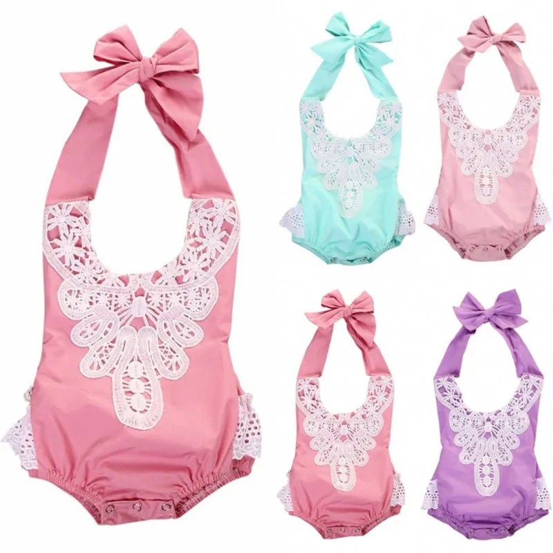 

Baby Girls Sleeveless Lace Floral Rompers Fashion Halter Style One Piece Summer Jumpsuit 2016 Hot Selling Sunsuit Clothes