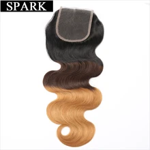Spark Brazilian Body Wave Lace Closure Free Part 4”x 4” Remy Hair Closure 1b/4/27 Ombre Color 100% Human Hair Free Shipping