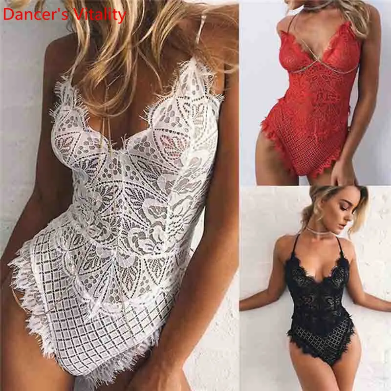 

Western New Bar DS Performance Costume V-necked Backless Lace Cut out Sexy Pole Jazz Dance Body Suit Stage Wear Garments Clothes