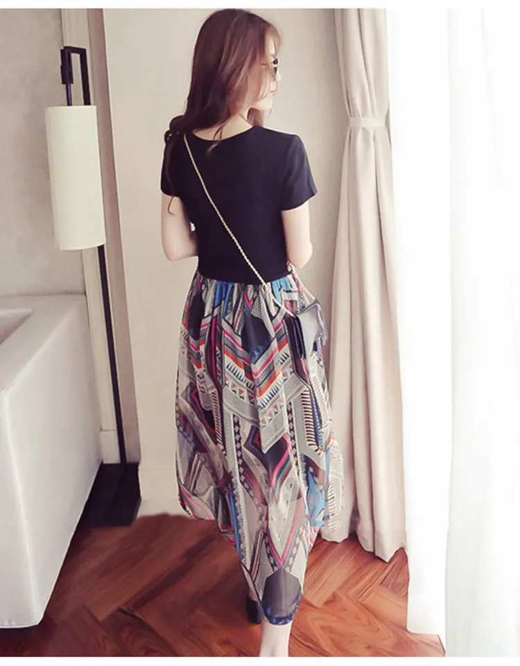 2018 Summer Plus Size Dresses Women Fashion Print Dress Casual Fake Two Pieces Dress Women Short Sleeve Long Vestidos Mujer Dress (6)