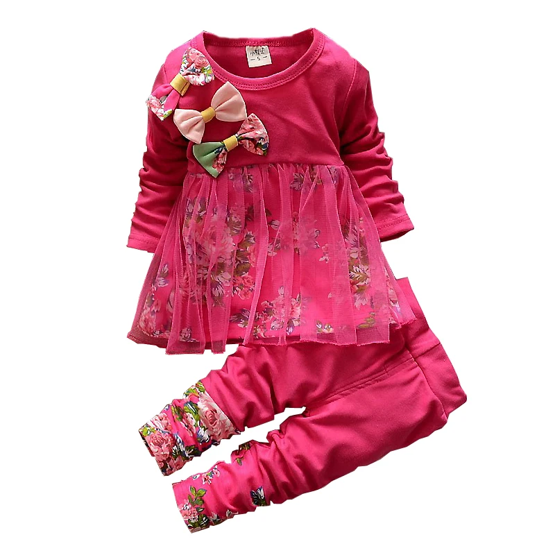Комплекты одежды для девочек Модная одежда для детей, Детская мода для девочек с бантом и сеткой газовое Платье с принтом и брюки костюм Дети Одежда Набор детей праздничный костюм на день рождения