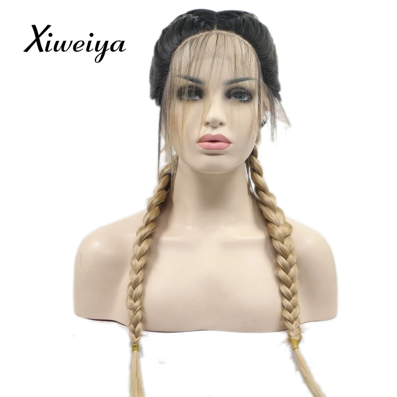 Xiweiya блондинка с темным корнем две косы Синтетический Плетеный синтетические волосы на кружеве парик с ребенком волос термостойкие