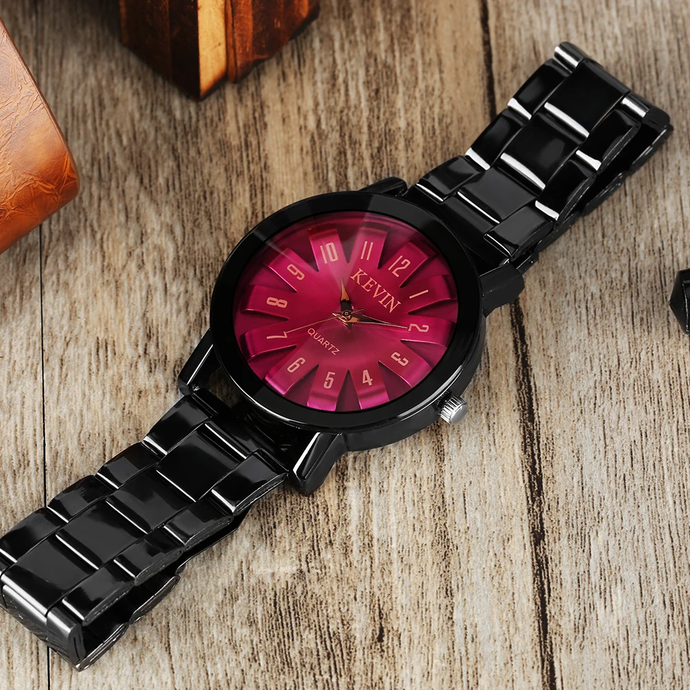 

KEVIN Wristwatch Quartz Watch Blue / Red Dial Women Men Watch With Black Stainless Steel Watches Band Personality Accessories
