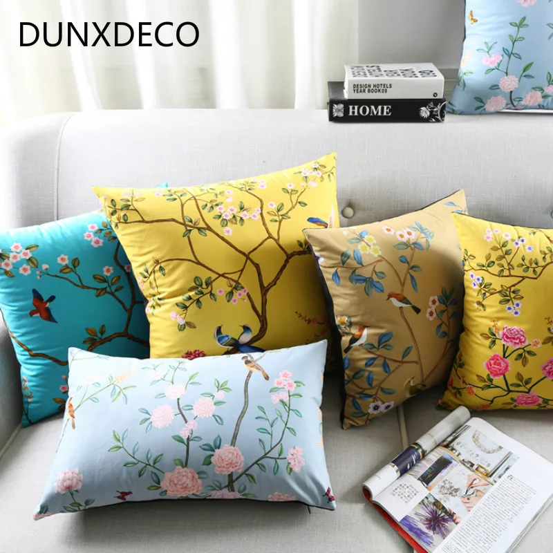

DUNXDECO Cushion Cover Decorative Pillow Case Vintage Classical Birds Flora Chinese Painting Soft Short Brush Coussin Sofa Decor