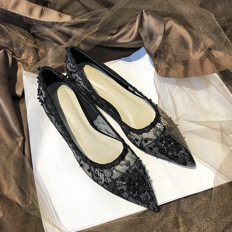 

Kmeioo Elegant Shoes Women Pointed Toe Flats Sexy Lace Sandals With Bead Slip-On Women Loafers Wedding Dress Prom Shoes