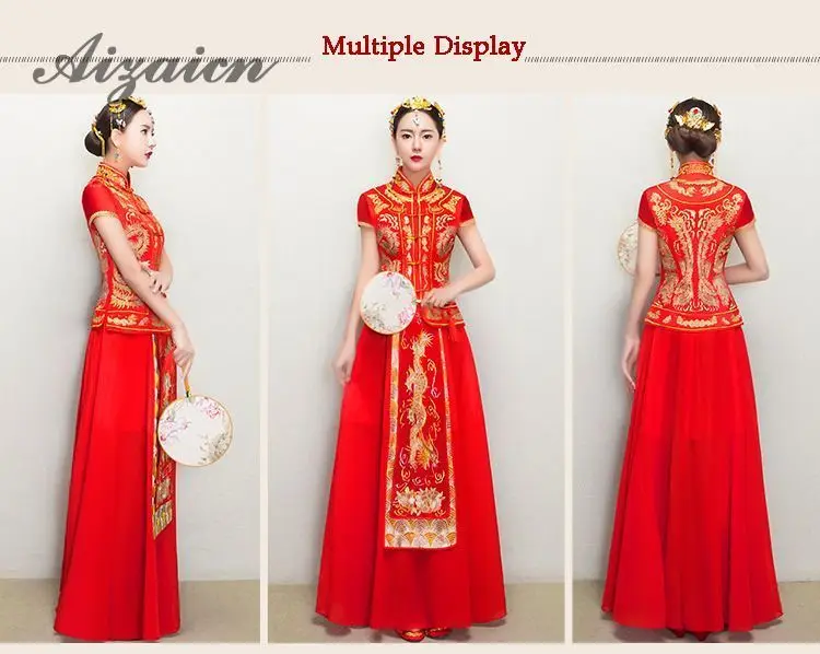 Короткий рукав лето Qipao платья для женщин 2018 красный невесты свадебное китайское платье Чонсам свадебный наряд Восточный Дракон Феникс