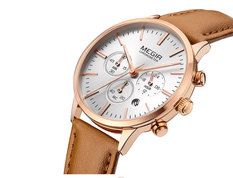 Megir хронограф индикатор Даты коричневый кожаный ремешок кварцевые наручные часы для женщин Дамская Мода Золотые розовые наручные часы ML2011L-2