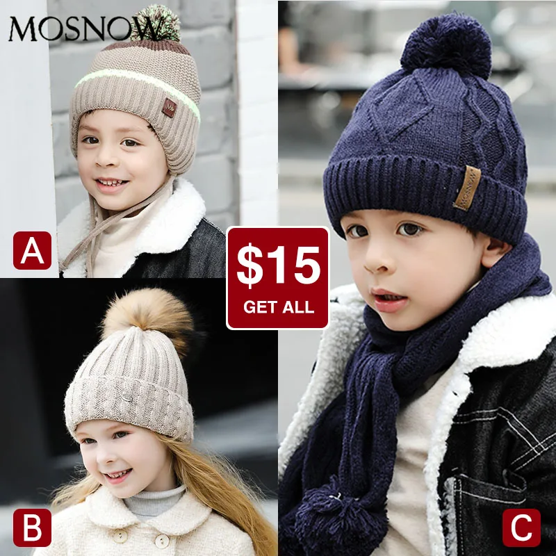 

Children Hats For Winter Cap And Scarf Set Girls Pompon Beanies 3 Pieces