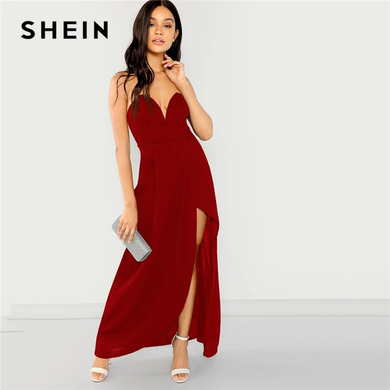 SHEIN Стильное Платье С V-Образным Вырезом И Разрезом Женское Сексуальное Длинное Платье Макси Без Рукавов