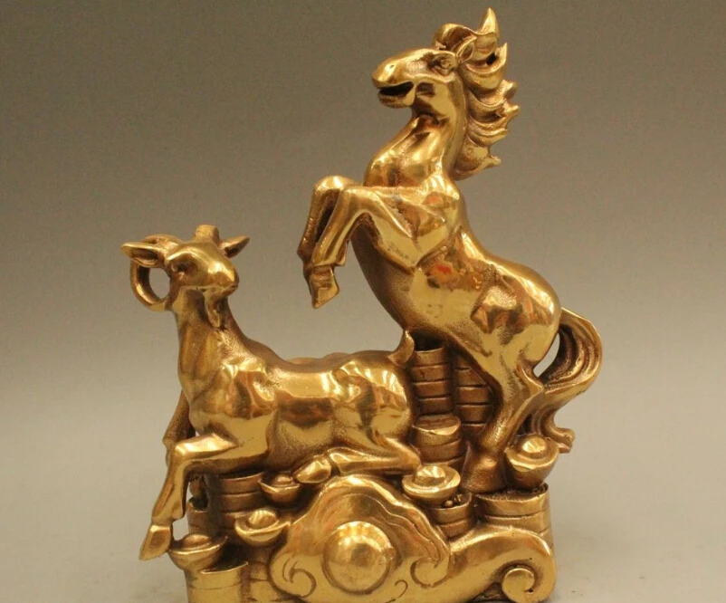 

6"China Chinese Feng shui Brass Zodiac Year Lucky Money Sheep Horse Wealth Statue