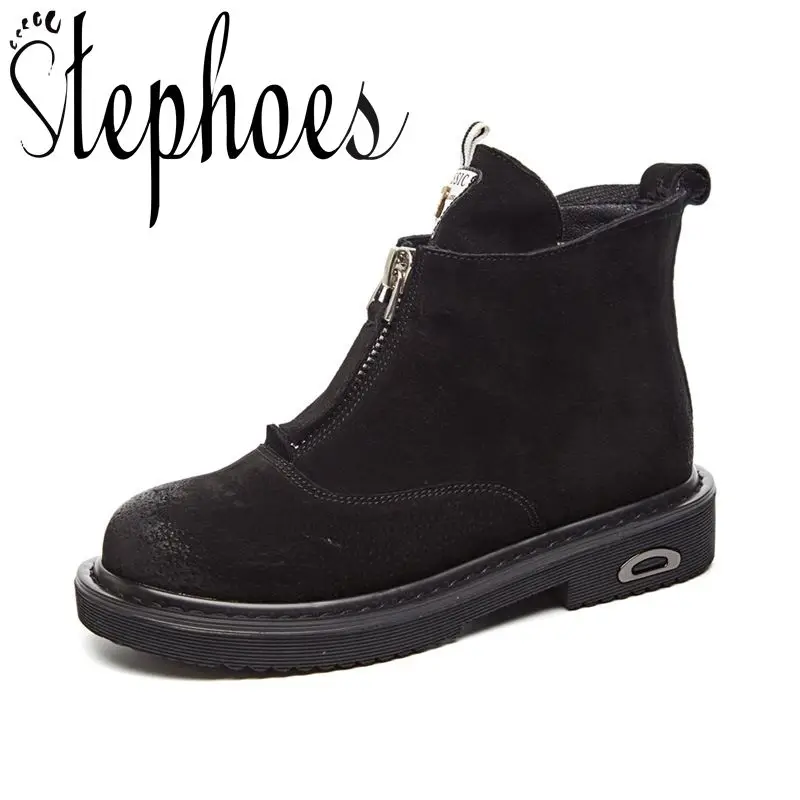 

Stephoes Women Short Boots 2019 Autumn Winter Vintage Ankle Boots for Women Chelsea Boots Front Zip Genuine Leather Botas Mujer
