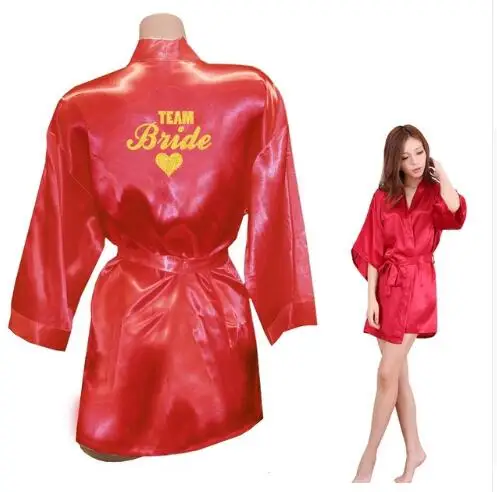 Kimono Robe Faux Silk Women Wedding Preparewear Bride Team Heart Golden Glitter Print Robes Bachelorette Pajamas