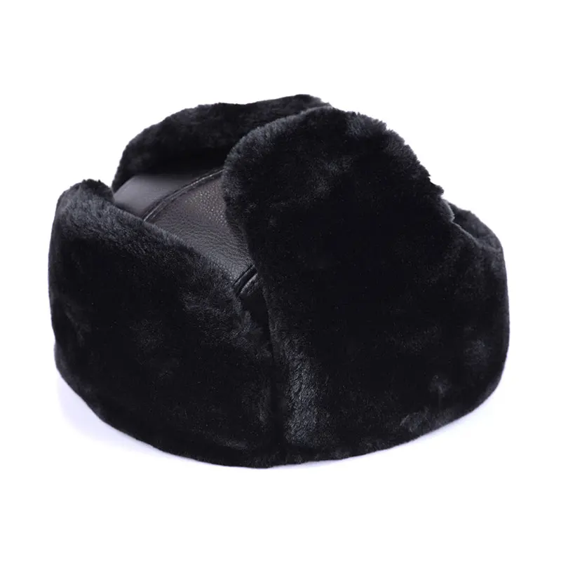 Мужская зима шапка ушанка Прочная наружная теплая классическая ретро-искусственная кожа - Цвет: Черный