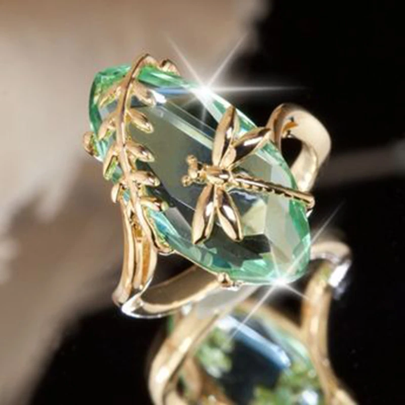 

New Design Cute Dragonfly Rings For Women Girl Gift Chic Jewelry Pink/Green Princess Cut Stone Ring Engagement Ring Bague L4T038