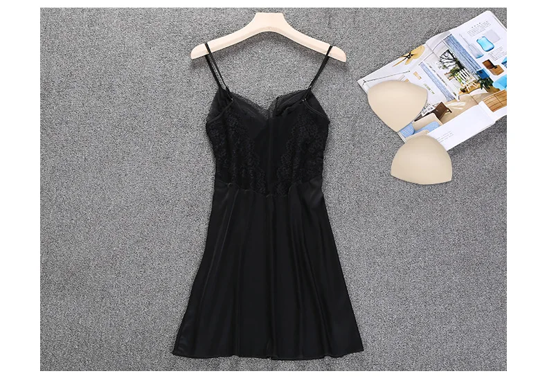 Satin Sexy Nightwear Ladies Sling Night Dress Plus Size Silk Nightdress for Female V Neck Womens Nightgown Sleepwear Chest Pads 49 (12)