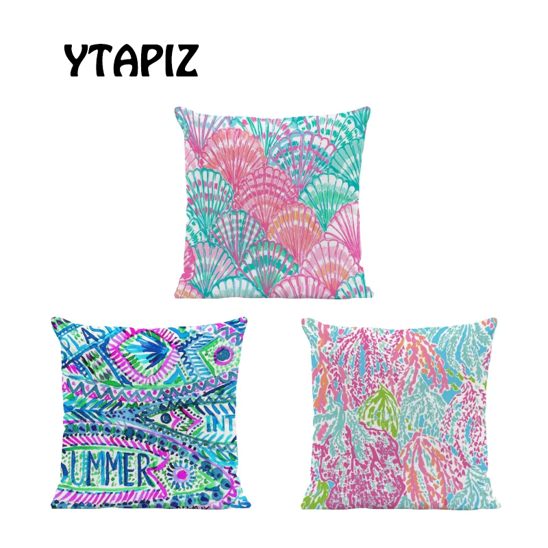 

Colorful Pillow Watercolor Shell Flamingo Coral Conch Geometric Pattern Abstract 45X45Cm Velvet Decoration Sofa Cushion Case