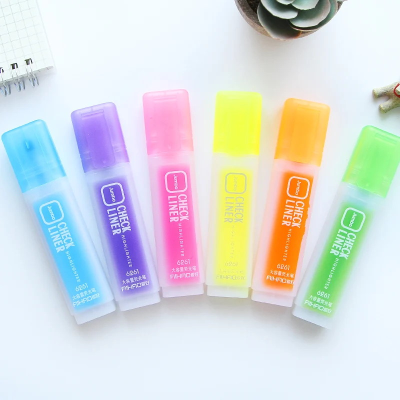 6 color Highlighter pen Jumbo Lightfast pigment ink Fluorescent marker liner Stationery School