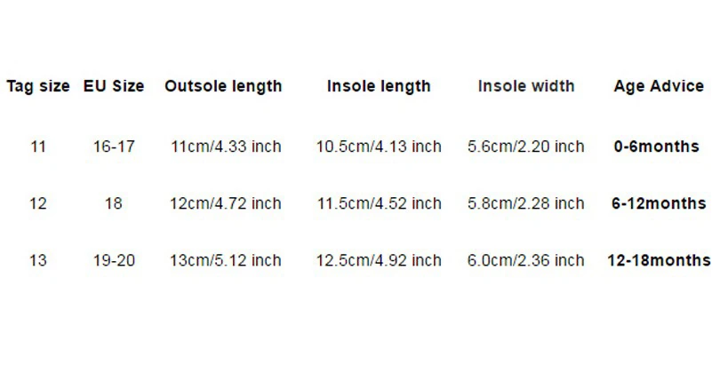 Baby Deer Shoes Size Chart