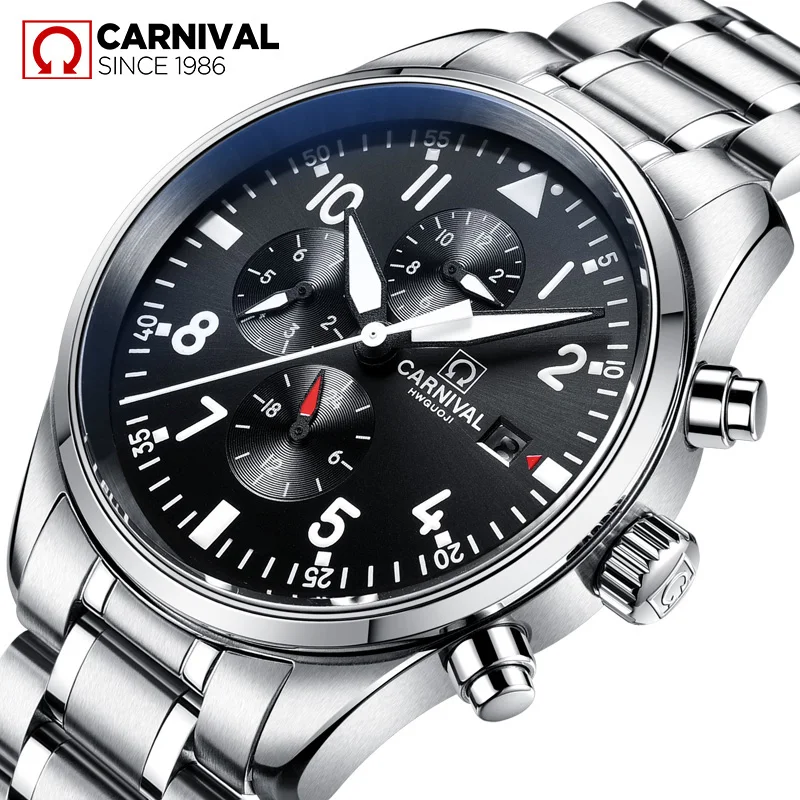 

Carnival Watch Men Automatic Mechanical Luminous All Black Stainless Steel Waterproof multifunction Watches