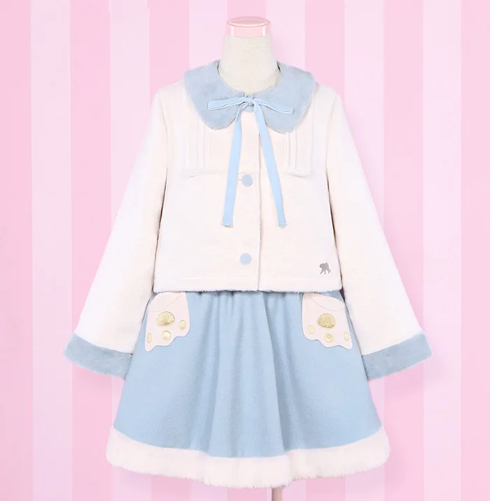 

Super Cute Polar Bear Embroidery Winter Coat with Fur Collar & Light Blue Fur Trim Bubble Mini Skirt Lolita