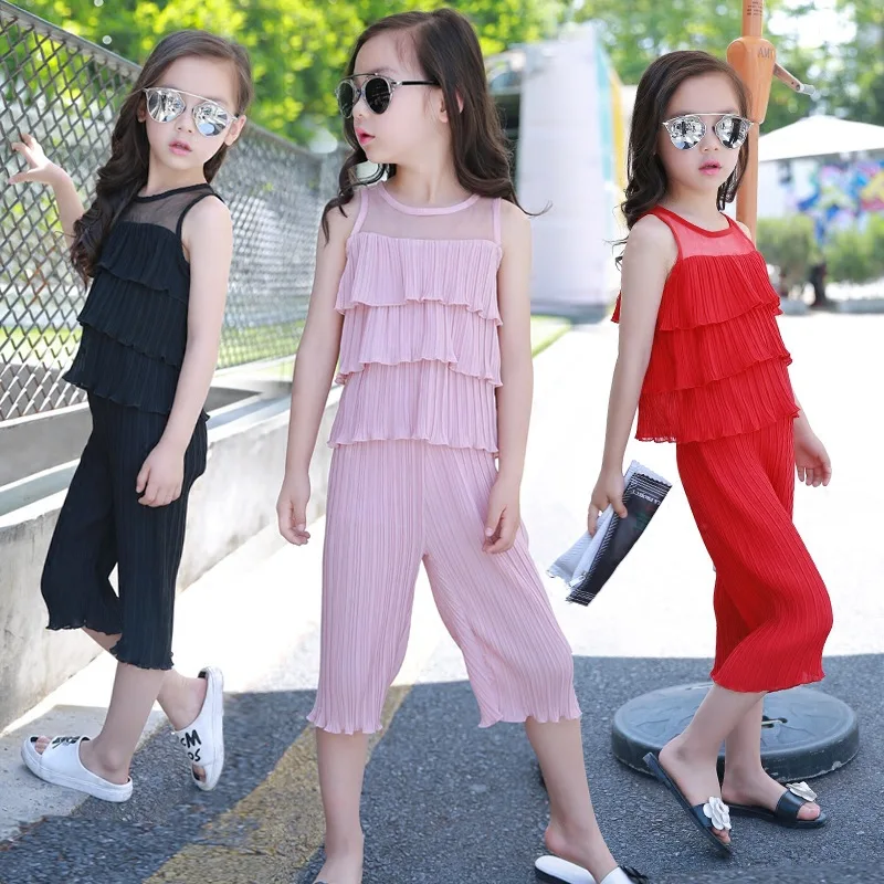 2017 Girls Summer Casual Clothes Set Children Sleeveless Solid Shirt ...