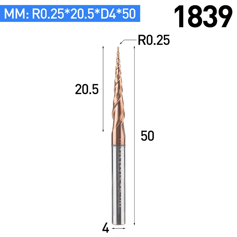 Huhao 1 шт. HRC55 конические сферическим концом вольфрама твердого сплава с покрытием Конические конуса ЧПУ фреза d4-d10mm гравировка бит - Длина режущей кромки: 1839