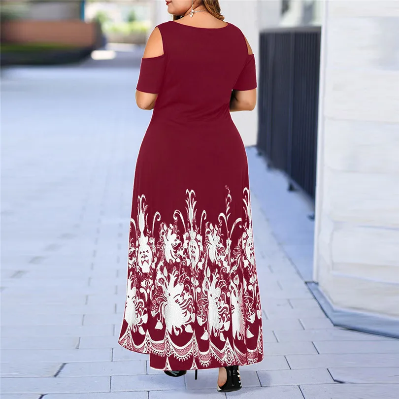 2019 New Summer Women Casual Plus Size Print Dress O-Neck Print Off-Shoulder Short Sleeve Waist Dress #E11 (22)