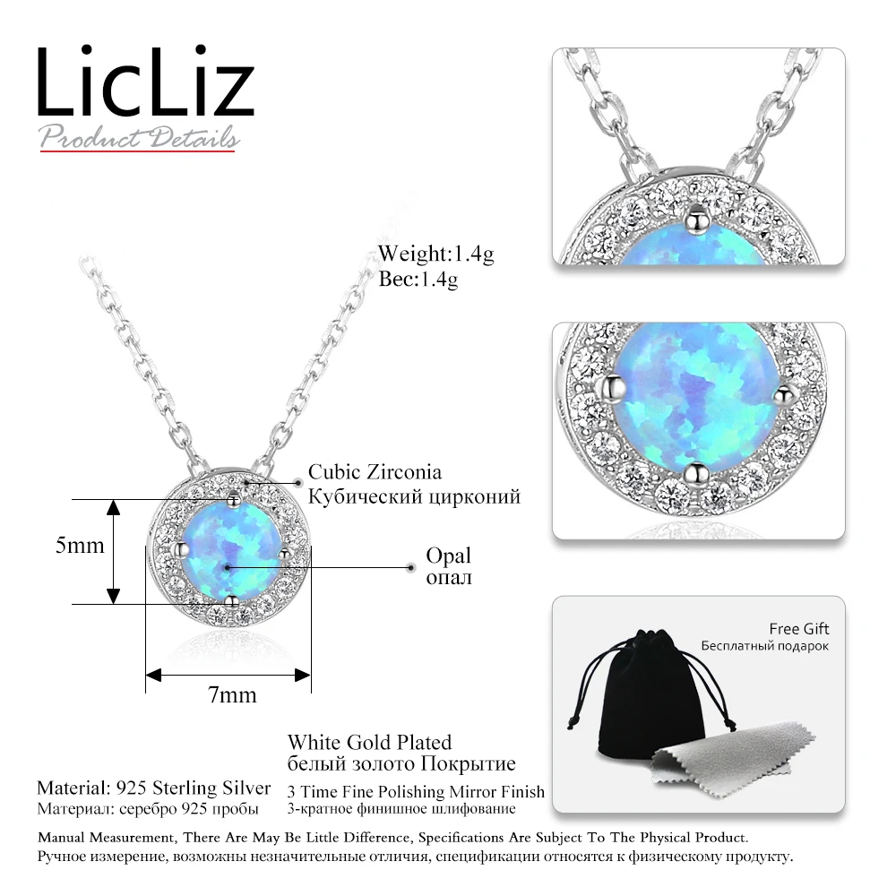 LicLiz 925 серебряный пасьянс ожерелье женский голубой огненный опал кулон ожерелье Циркон CZ Pave Halo цепочка на шею LN0275