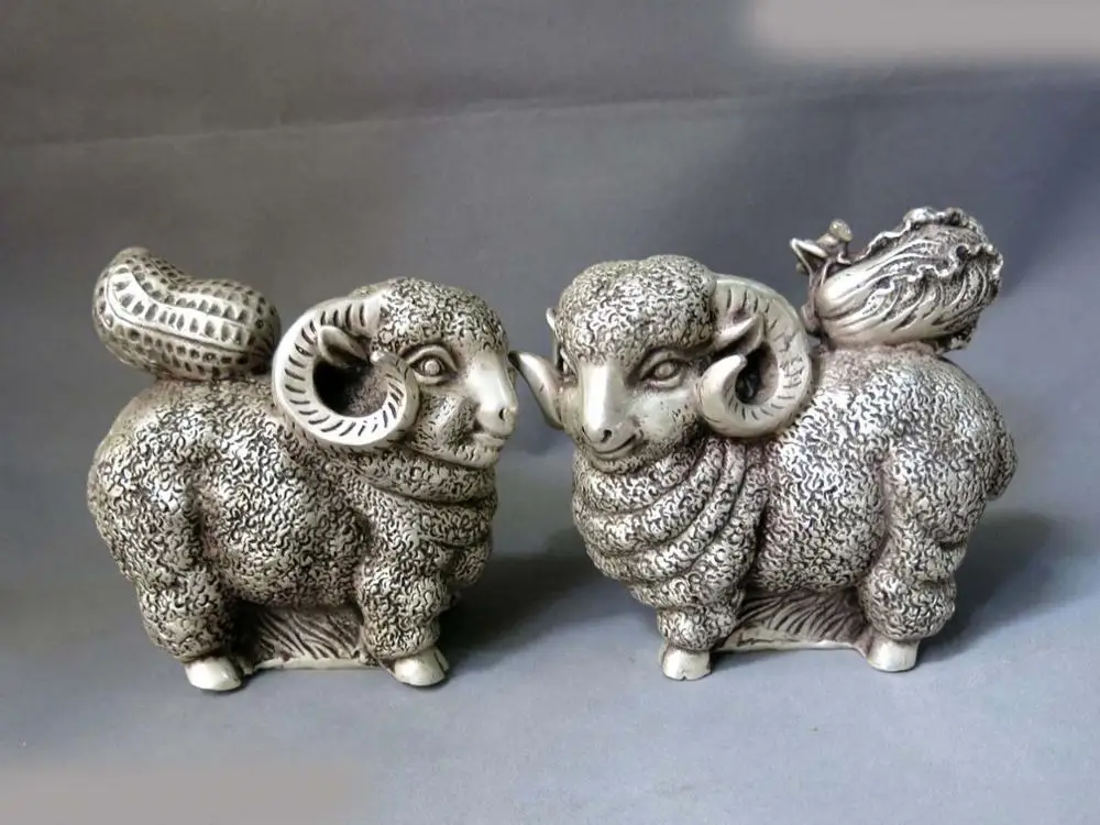 

China silver carved Feng Shui lucky cabbage peanut sheep pair sculpture Statues