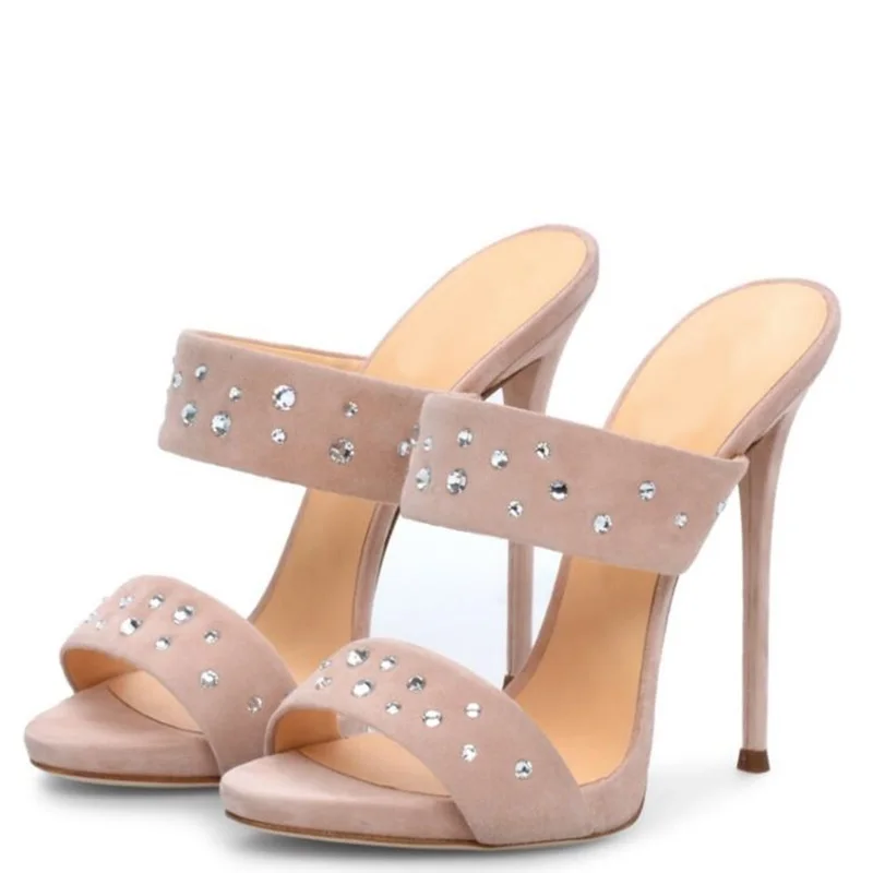 

Newest Summer Woman Mules Slippers High Heels Flock Suede Decor Slippers Femme 15 cm sexy Nightclub Slippers shoes J136