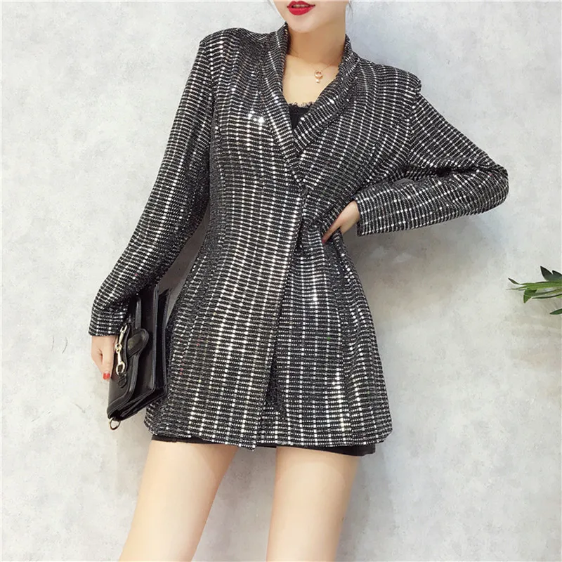 New Fashion 2018 Designer Black Blazers Solid Women Long Sleeve Bling Sequined Long Blazer Outwear