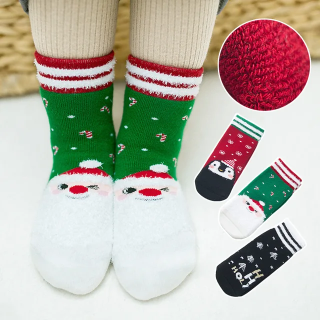 Winter New Christmas 3 Pairs Children’s Striped Rib Top Thick Terry Socks Kids Boys Girls Short Tube Leg Warm