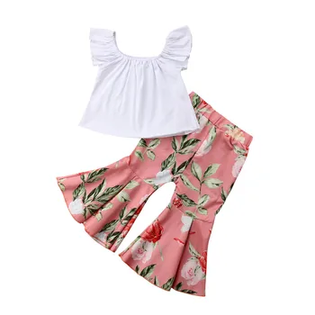 

Fashion Kids Girls Clothes Set New 2018 Baby Girl Off-shoulder T-Shirt Tops+Bell-bottomed Pants Outfit 1-5 Year's Children's Set