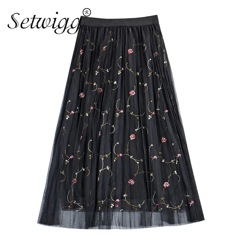 

SETWIGG Spring Summer Elastic Waist Band Embroidered Floral A-line Long Pleated Skirts Sweet Layered Mesh Mid Calf Skirts